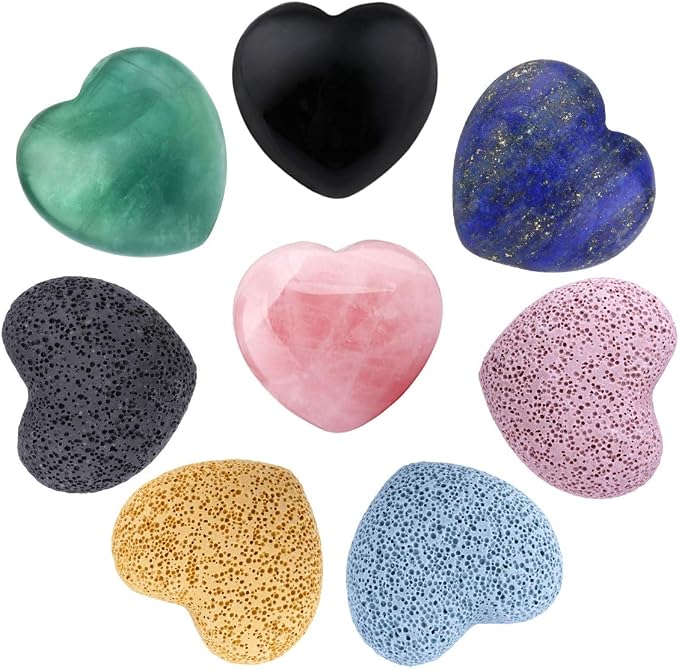 SUNYIK Assorted Crystal Stone Lava Rock Carved Puff Heart Pocket Stone Set, Healing Palm Crystal Set for Christmas, Pack of 8(1'')