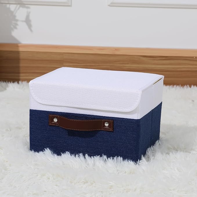 ANMINY Fabric Storage Box Bins with Lids, Blue White, 10"x8"x7" | Keepsake Memory Storage, Cotton Linen, PP Board Reinforced, Washable, PU Handles, Foldable & Stackable, Decorative, Small