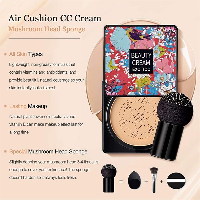 NUIBO Air Cushion CC Cream Mushroom Head, Moisturizing Concealer Makeup Base, Primer Liquid Foundation Long Lasting with Mushroom Makeup Sponges 【Natural】