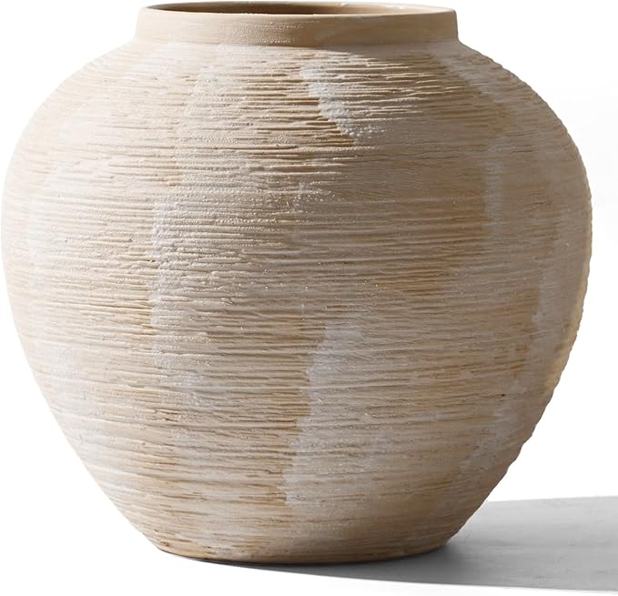 Rustic Ceramic Vintage Farmhouse Vase for Decor (Large Ribbed Whitewash) | 8.8'' Boho Decorative Vase for Home Decor, Round Clay Terracotta Bowl vase for Living Room, Table, Shelf, Centerpieces