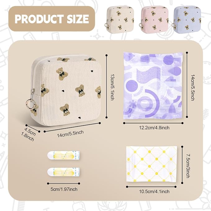 Cute Period Bag for Teen Girls, Bears Corduroy Sanitary Napkin Storage Bag, Menstrual Pad Pouch Tampon Holder for Purse (Blue)