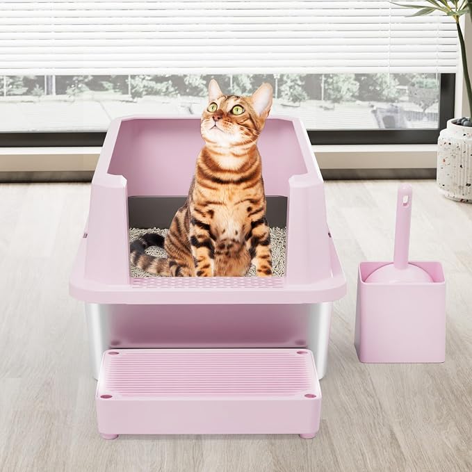 RIZZARI Stainless Semi-Closed Litter Box: High-Sided Open for Large Cats | 304 Stainless Bottom / 6.5" High Splash Guard / Low Front Entry / Spacious for Large Breeds / 30-Second Tool-Free Assembly
