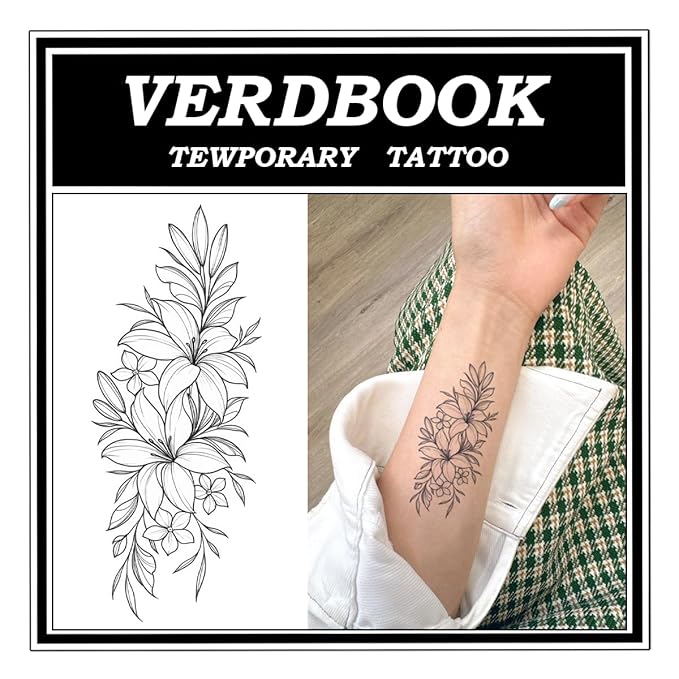 Waterproof Temporary Tattoos: 2-Sheet Tattoo Kit with Realistic Body Stickers, Semi-Permanent Tattoos for Adults Lasting 7-15 Days – Safe for Men & Women, Lily Pattern..