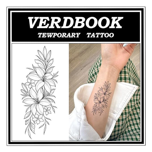 Waterproof Temporary Tattoos: 2-Sheet Tattoo Kit with Realistic Body Stickers, Semi-Permanent Tattoos for Adults Lasting 7-15 Days – Safe for Men & Women, Lily Pattern..