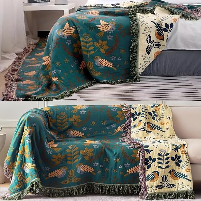 Boho Throw Blanket for Bed 100% Cotton Bohemian Blankets Ultra Soft Woven Muslin Decorative Blankets All Seasons Vintage Quilt Knitted Blanket for Sofa Chair(Blue, 50"x60")