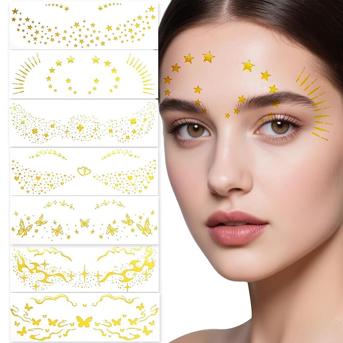 Gold Freckle Tattoo for Halloween - Glitter Temporary Face & Body Tattoos Set (8 Sheets) - Butterfly, Heart & Floral Fake Freckles for Women, Girls, Festival, Party, Costume Accessories