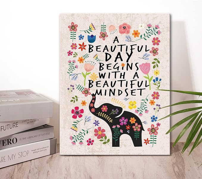 Wailozco A Beautiful Day Begins with A Beautiful Mindset Wall Art for Girls Room Decor,Boho Flower Elephant Canvas Print for Teen Girls Bedroom Dorm Wall Decoration