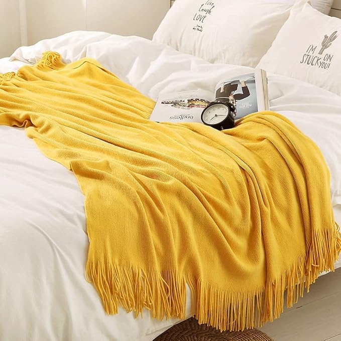 Homiest Yellow Knitted Throw Blanket with Fringe, 60x80 Inch | Pure Acrylic, Lightweight & Breathable, All-Season Use, Machine Washable, Wrinkle & Fade Resistant, for Couch Sofa And Bed