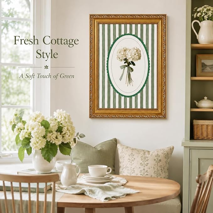 Vintage Botanical Wall Art, Green Stripe Floral Print, Gold Framed Canvas | Vintage botanical wall art with green stripe background and gold frame, suitable for living room, dining room, and entryway.