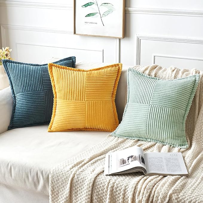 MIULEE Decorative Throw Pillow Covers for Couch 18x18 Inch Mint Green | 2 Pack, Boho Broadside Striped Patchwork Pillow Covers, Soft Corduroy Cushion Cases, For Sofa Bed Livingroom Home Decor