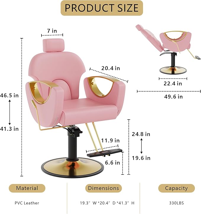 Barber Salon Chair, Reclining Hair Salon Chair, 360 Degrees Swivel Styling Chair, Height Adjustable Hydraulic Shampoo Chairs, Spa Equipment (Pink)