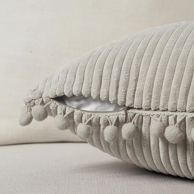 Fancy Homi Pack of 2 Boho Neutral Taupe Lumbar Decorative Throw Pillow Covers with Pom-poms, Soft Corduroy Solid Rectangle Cushion Cases Set for Couch Sofa Bedroom Car(12x20 Inch/30x50 cm)