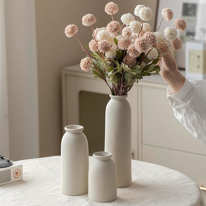 Ceramic Vase Set-3, 10.3 Inch Tall Flower Vases for Decor, Modern Boho Farmhouse Style, Decorative Vases for Pampas Grass & Dried Flowers, Distressed Finish (L Beige)
