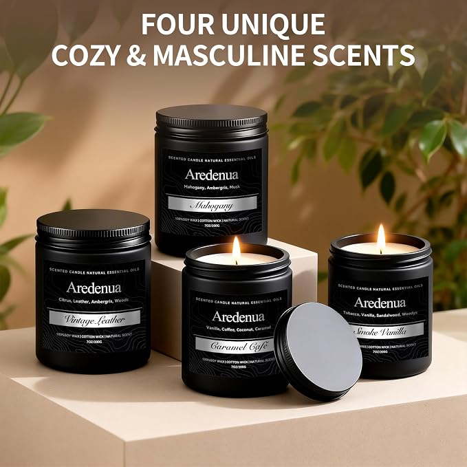 Men’s Candle Set for Men, 4 Pack Masculine Scented Candles – Vintage Leather, Smoke & Vanilla, Mahogany, Caramel Coffee – Soy Candles for Home, Gentlemen Candle Aromatherapy Gift for Him
