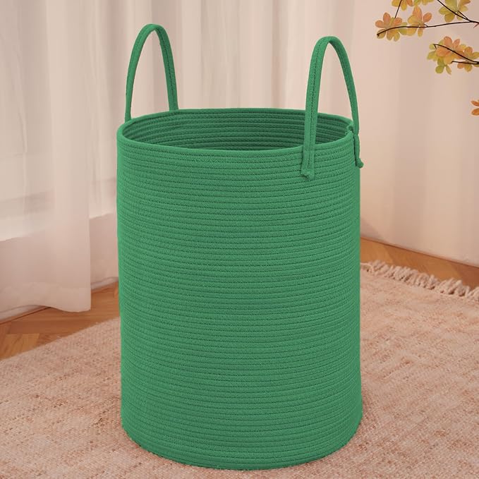 JMvicyroam 60L Cotton Rope Laundry Basket Hamper, Dark Green | Collapsible laundry basket, reinforced handles, freestanding, machine washable, holds 3-5 thick blankets, clothes or toys