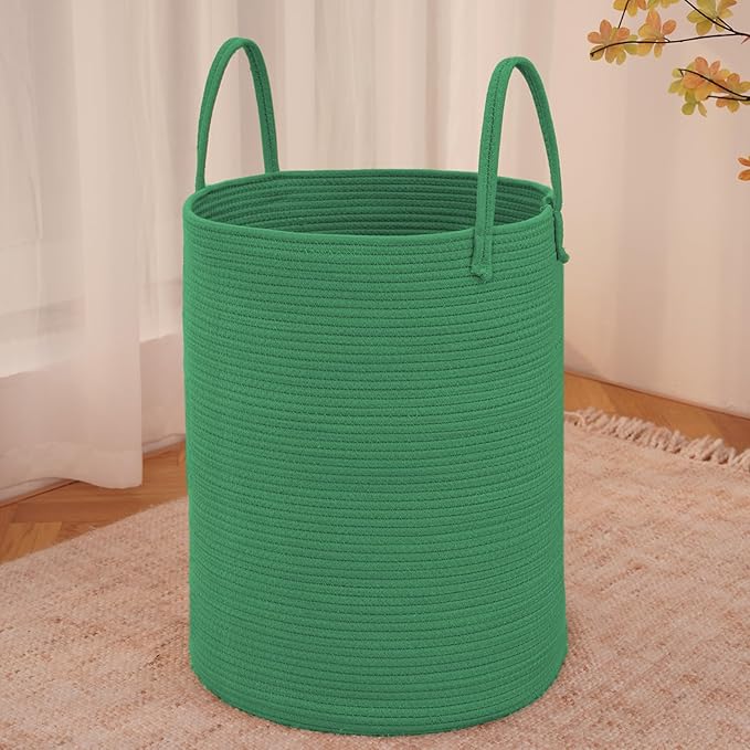 JMvicyroam 80L Cotton Rope Laundry Basket Hamper, Dark Green | Collapsible laundry basket, reinforced handles, freestanding, machine washable, holds 3-5 thick blankets, clothes or toys
