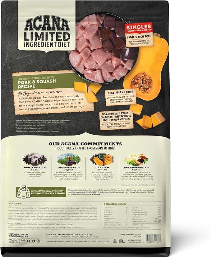 ACANA Singles Limited Ingredient Dry Dog Food Pork & Squash 4.5lb Bag | Freeze Dried, Grain Free, High Protein, Made in the USA, Includes Probiotics, Limited Ingredient, Global Quality Ingredients
