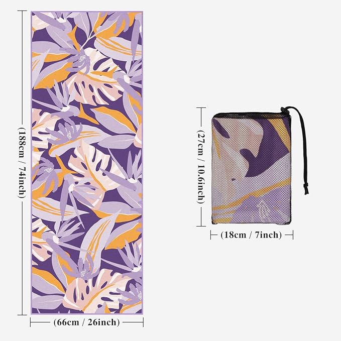 Yoga Towel Hot Yoga Mat Towel with Corner Pockets, 74 x 26 inch, Non-Slip Sweat-Absorbent Soft Microfiber Yoga Blanket for Pilates, Fitness and Workout, Purple