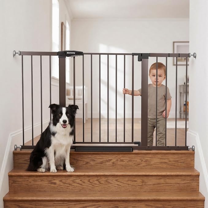 Mumeasy 29.7-54.2" Baby Gate for Stairs, Pressure Mounted Dog Gate for Doorways, Extra Wide Walk Thru Safety Pet Gate for Doors with Auto Close, Easy Install Child Gate for Hallway Indoor House, Brown