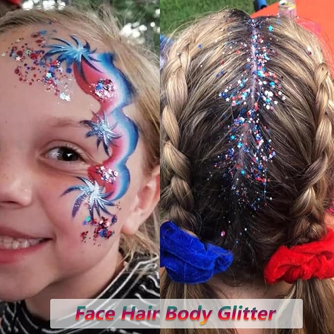 Red White and Blue Body Glitter,Patriotic Pride Hair Glitter for Kids,4th of July Accessories Outfits for Women Face Glitters Makeup Chunky Sequins,Fourth of July Accessories (Patriotic Themed)