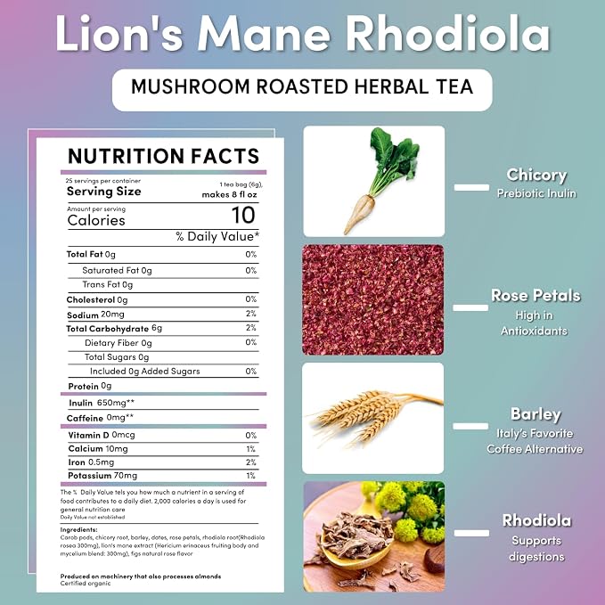 Teeccino Lion’s Mane Rhodiola Rose Mushroom Adaptogen Herbal Tea - Caffeine-Free, 3x More Herbs than Regular Tea Bags, Lightly Sweet from Dates & Figs, Prebiotic - 25 Tea Bags