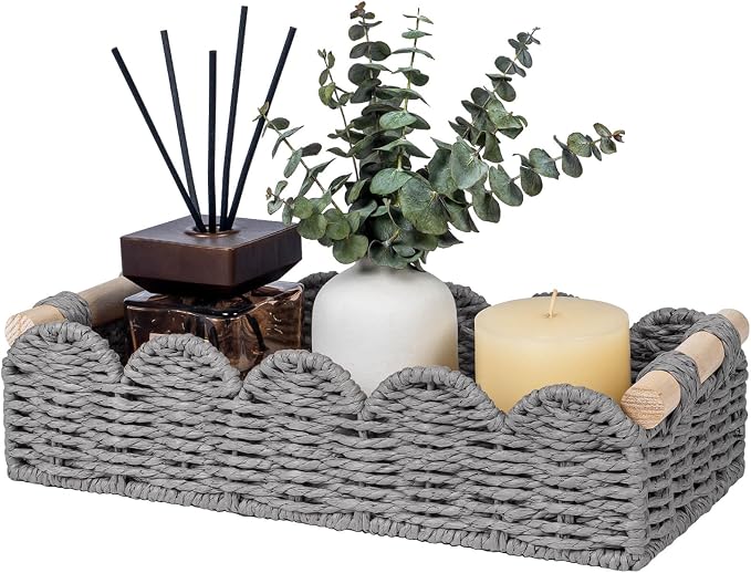 CubesLand Toilet Paper Storage Basket Organizer, Small Wicker Decor Basket | Toilet Tank Top Decorative Basket for Countertop, Handwoven Scalloped Basket W/Handle for Home Decor Living Room, Grey
