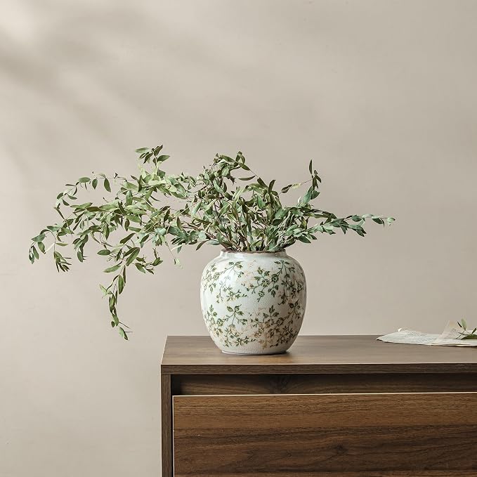 Ceramic Flower Vase for Home Decor, Vintage Decorative Green Vase 6.7 Inch | Rustic Farmhouse Floral Vase for Living Room, Coffee Table, Mantel, Kitchen, Bookshelf, Entryway, Wedding Centerpiece