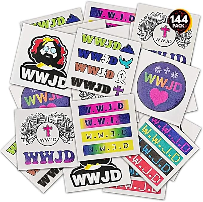 ArtCreativity What Would Jesus Do Temporary Tattoos for Kids - Bulk Pack of 144 Non-Toxic 2 Inch Pre-Cut Jesus Christian Tattoos Stickers - Christian Religious Birthday Party Favors and Goodie Bags