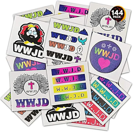 ArtCreativity What Would Jesus Do Temporary Tattoos for Kids - Bulk Pack of 144 Non-Toxic 2 Inch Pre-Cut Jesus Christian Tattoos Stickers - Christian Religious Birthday Party Favors and Goodie Bags