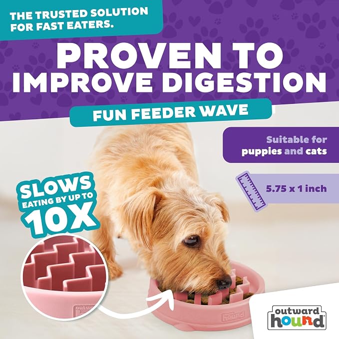 Outward Hound Fun Feeder Slo Bowl – Small 3/4-Cup Capacity,Slow Feeding,Small Dogs,Puppies & Cats,Non-Slip,Pink,Wave Pattern,(Pack of 12)
