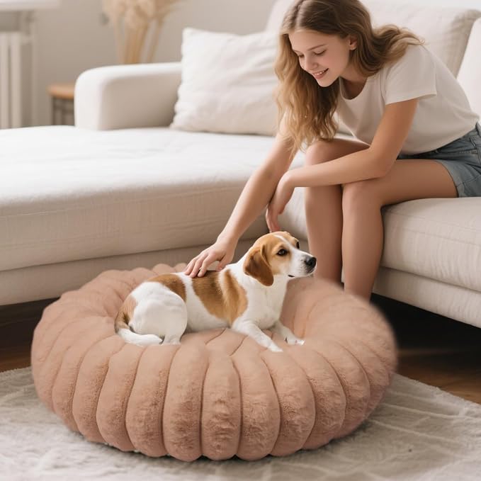 Donut Small Medium Dog Bed Washable Kitty & Puppy Bed,28ins Brown | Comfortable Calming Dog Bed Round Cuddler, Fluffy Faux Rabbit Fur, Anti-Slip Bottom, Anti-Anxiety, for Pets Up to 30 Lbs