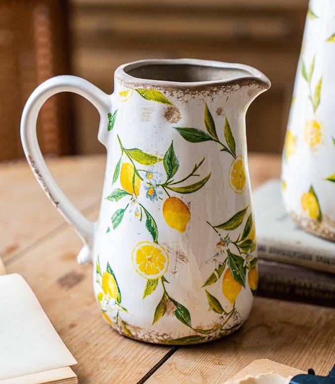 Vintage Lemon Ceramic Vase with Handle, Retro Ice Glazed Crack Farmhouse Pitcher Vase for Home Decor, Living Room, Shelf, Office, Rustic Table Centerpiece 7 Inch