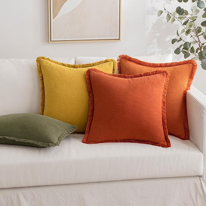 MIULEE Linen Decorative Fall Euro Throw Pillow Covers Burnt Orange 24x24 | Set of 2, Cottagecore Decor, Boho Farmhouse Neutral Fringe Pillow Covers, Rustic Fall Couch Cushion for Sofa Bed Living Room