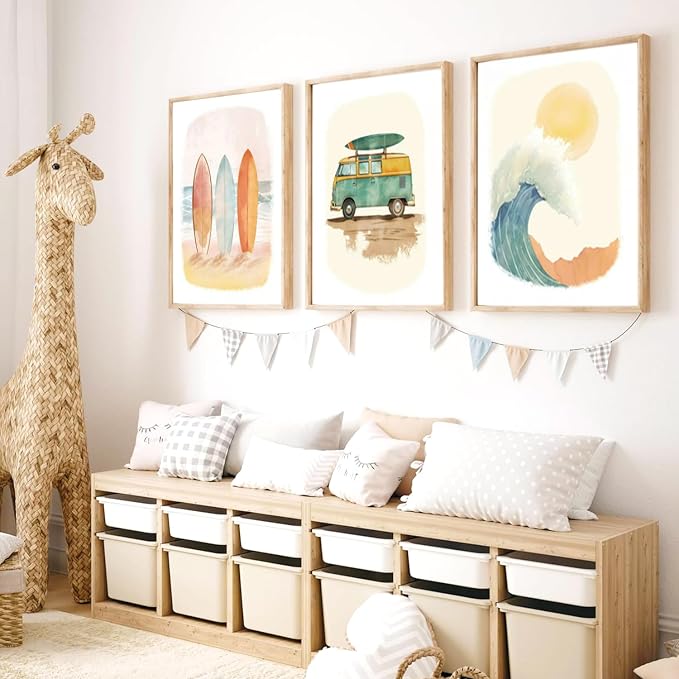 Beach Nursery Poster, Set of 6 Ocean Kids Wall Art Watercolor Summer Surf Wall Decor Beachy Boys Room Decor Funny Teen Coastal Surfboard Canvas Prints Aesthetic Unframed 8x10 inch