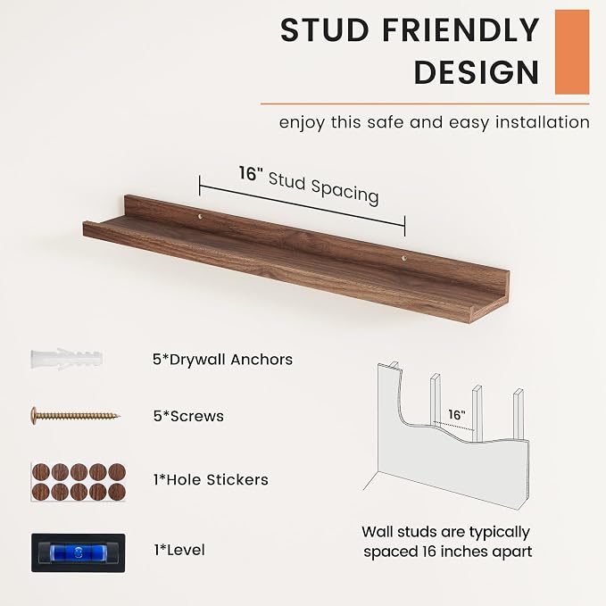 Picture Ledge Shelf, Floating Shelves for Wall, 30" W Set of 2, Walnut | FSC Certified Engineered Wood, Wall Mounted Bookshelf, for Nursery Living Room Bedroom, Pre-Drilled, Easy Install