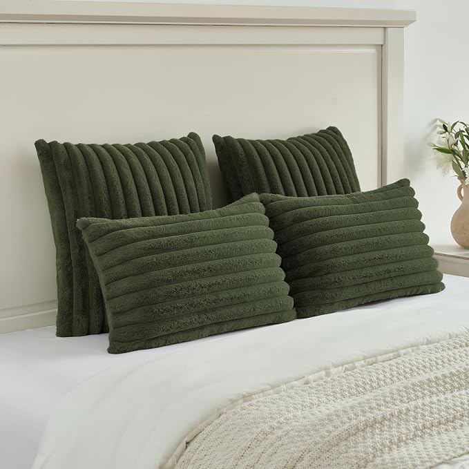 FUTEI Pack of 2 Faux Fur Throw Pillow Covers 18x18 Inch, Olive Green | Fluffy Faux Rabbit Fur Front/Premium Velvet Back,Hidden Zipper,Machine Washable,Non-Shedding,Colorfast,Insert Not Included.