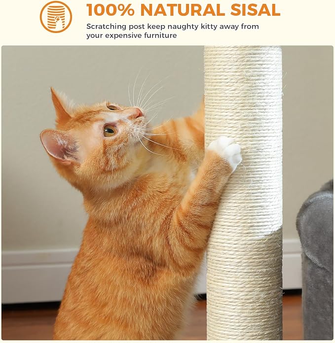 PEQULTI Cat Tree Tower for Large Indoor Cats, Extra Large Perch, Grey | Sisal wrapped scratch posts, oversized resting perch, sturdy cat tower furniture for indoor large cats