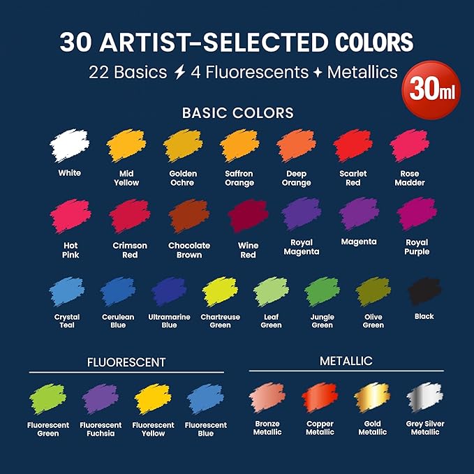 Airbrush Paint, 30 Water-Based, Quick-Drying Colors for Artists & Beginners, Ideal for Wood, Ceramic, Paper, Plaster, Canvas, Plastic (30 ml/bottle)