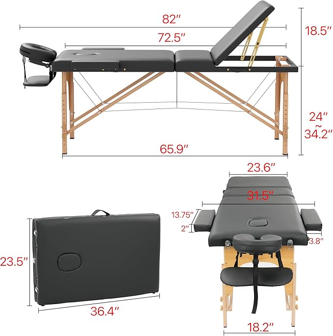 Massage Table Massage Bed, Portable 3 Section Foldable Tattoo Bed, Height Adjustable Lash Spa Bed with Face Cradle, Home Light Weight Facial Salon Bed with Wood Frame, Black
