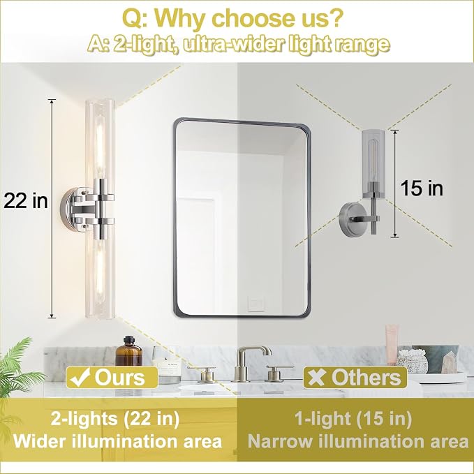 Indoi Wall Sconces Set of Two, Hardwired Chrome Bathroom Sconces Wall Lighting with Clear Glass, Modern Sconces Wall Decor Set of 2 Bathroom Light fixtures for Mirror Living Room Hallway Bedroom