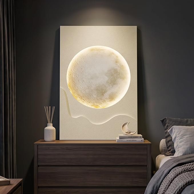 Cuspin Large Modern Minimalist White 3D LED Moon Wall Art 24x36 In | Warm lighted wall art, Cream tones wall decor, Lunar pictures, Soft textured wall art for living room bedroom dining room