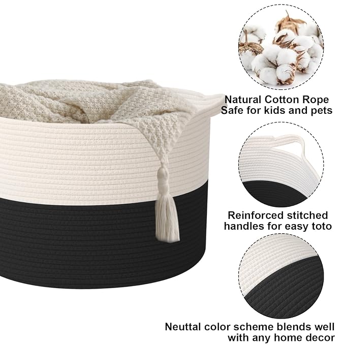115L Extra Large Blanket Basket,Woven Laundry Basket-White&Black | Collapsible, reinforced handles, nursery storage bin organizes clothes, toys and pillows for living room, bedroom bathroom
