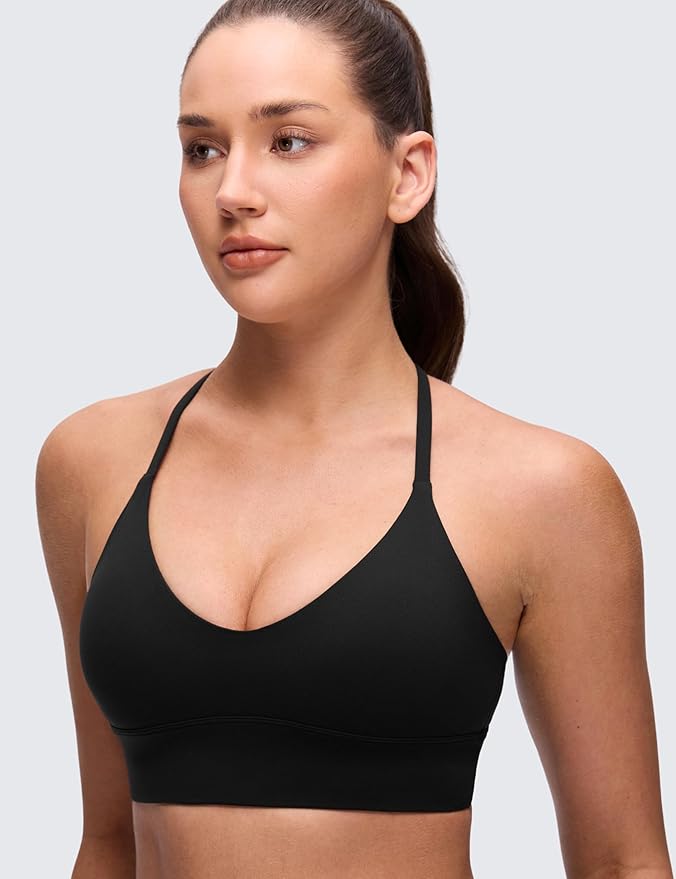 CRZ YOGA Butterluxe Thin Straps Cross Back Longline Sports Bras for Women - Padded V Neck Yoga Crop Top