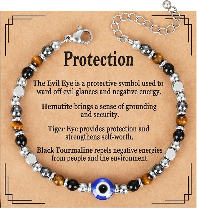 Natural Healing Crystal Bracelet for Women, Triple Protection Anxiety Relief New Beginnings Good Luck Empath Protection Jewelry Gift for Friends Daughter Mom 6.5+1.8 Inches