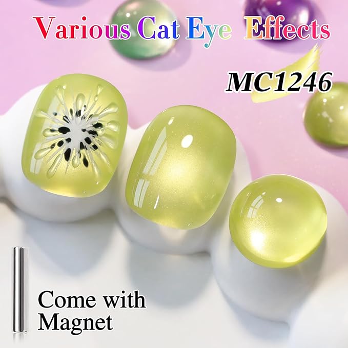Double Rhythm 15ML Ice Glass Cat Eye Gel Polish with Magnet Holographic Glitter Shimmer Translucent Sheer Color Salon Soak Off Magnetic Nail at Home (Green Gold-MC1246)