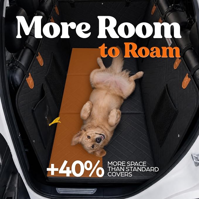 Dog Back Seat Extender - Premium Hard Bottom with Thick Foam, Waterproof Heavy Duty Pet Hammock for Cars, Trucks & SUVs. No-Sag Bridge, Mesh Window & Bonus Accessories (Black)