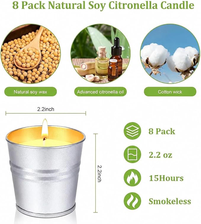 Citronella Candles Outdoor, 8 Pack Soy Wax Candles for Patio & Camping | Portable metal tins, cotton wick, clean burning, ideal for backyard and garden