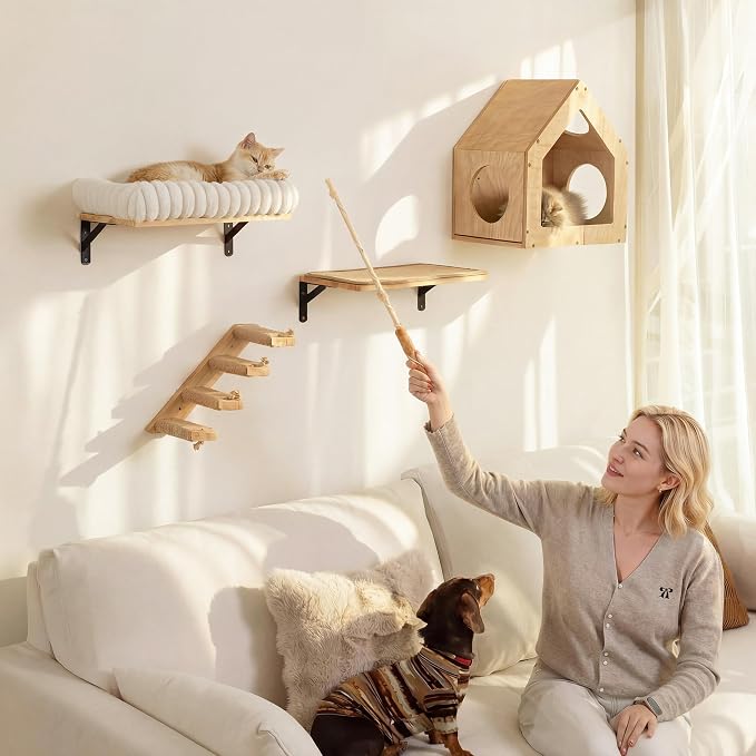 FUKUMARU Cat Wall Shelves, 17 x 10 Inch, Soft Cushion | Solid Rubber Wood Floating Shelf with Upgraded Installation, Kitten Wall Furniture for Sleeping, Playing and Scratching