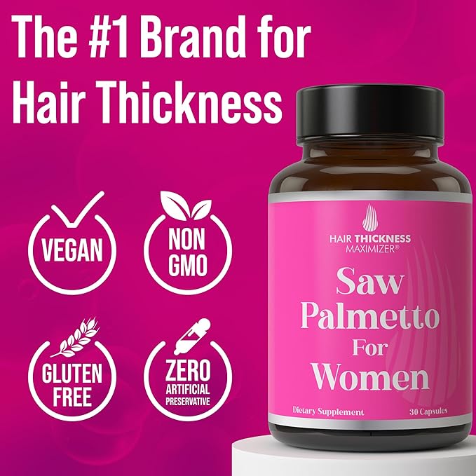 Saw Palmetto for Women + Biotin, Zinc, Copper, & Vitamin D. Women's Hair Growth Supplement. Clean, Non-GMO, Vegan Hair Vitamins with Standardized Saw Palmetto