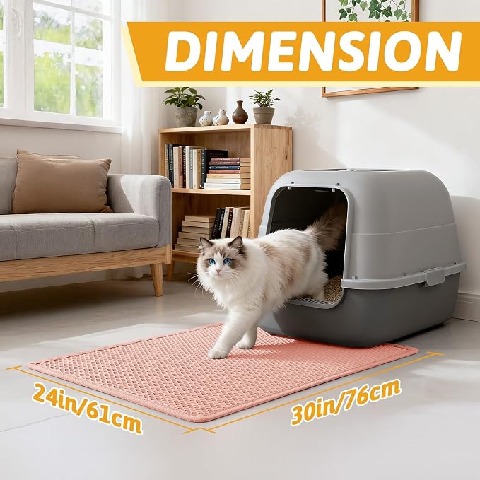 Pieviev Litter Mat, Double-Layer Waterproof Design, 30" x 24" Coral Red | Honeycomb Litter Trapping Mat Captures Scattered Particles to Stop Tracking, Waterproof Base Protects Floors, Easy to Clean